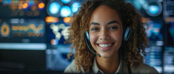 Photo of a call center agent with a beaming smile, taking a call with a backdrop of computer screens displaying realtime customer data
