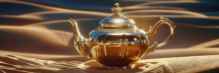 A gold tea pot sits on a sandy surface