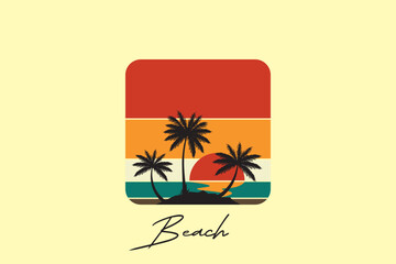 Retro beach logo, Retro Sunset Beach Logo in 80s and 90s style. Abstract sun in the background.