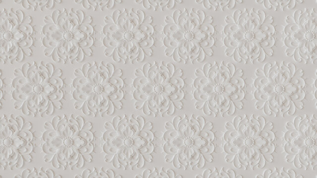 White 3D Baroque Pattern Background. Elegant Light Decorative Wallpaper.