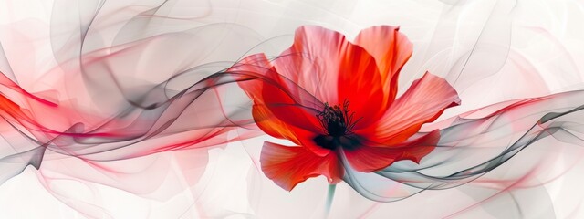 A vibrant red poppy is at the center with delicate swirls of abstract smoke emanating from its petals.