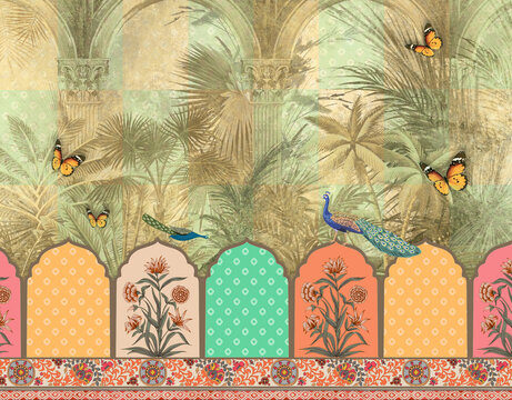 Tropical forest background with Arch pattern , floral design pattern with butterflies - Interior decor 3D wallpaper 