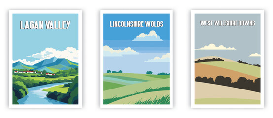 Lagan Valley, Lincolnshire Wolds, West Wiltshire Downs Illustration Art. Travel Poster Wall Art. Minimalist Vector art