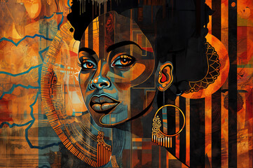 An abstract portrayal of a woman of African descent, showcasing vibrant colors and bold brushstrokes in a modern art style. Poster design