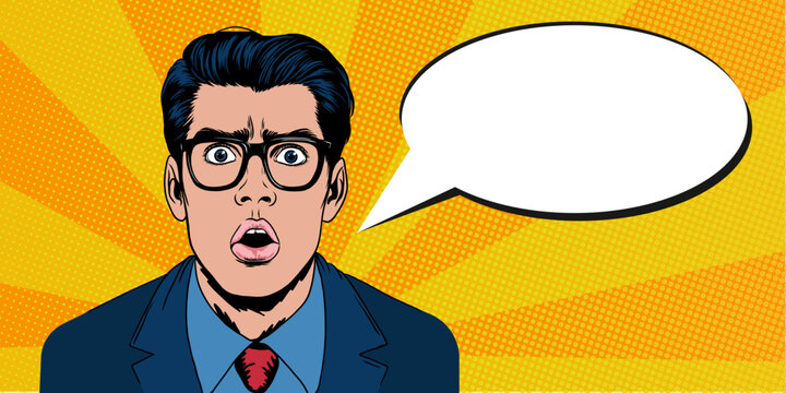 WOW face in Pop art style. Very surprised man with blank speech bubble. Banner design with shocked man with copy space for text. Template backdrop design for ads, sale, discount, special offer. Vector