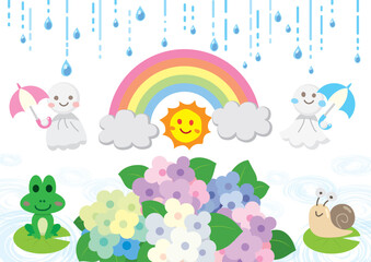 梅雨　紫陽花　カエル　カタツムリ　てるてる坊主　かわいい　イラスト　素材