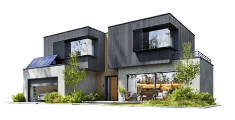 Modern Architecture Home. House Design with Solar Charging Station and Electric Vehicle