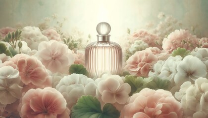 Image of Geranium flowers and perfume bottle