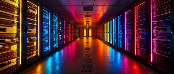 Illustrative design of network servers operating in a lowlight environment, only their LED lights providing illumination, focusing on energy efficiency