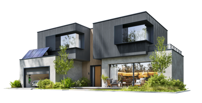 Modern Architecture Home. House Design with Solar Charging Station and Electric Vehicle