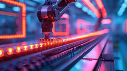Illustration of an industrial robot arm expertly assembling components on an automated production line, highlighted by dynamic lighting in a hightech factory