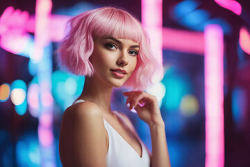 High Fashion model girl in colorful bright neon lights on colourful vivid background