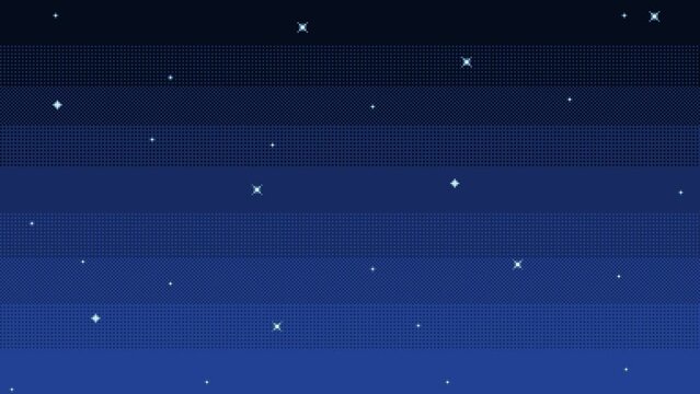 Pixel art night starry sky background. Animated retro video game evening backdrop with shiny stars. Looping animation.