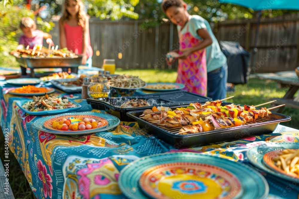 Wall mural Family cooking and serving BBQ dishes from a buffet table set up in their backyard, with colorful plates and napkins. - Wall murals
