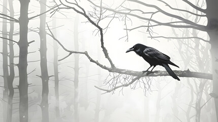 Obraz premium A somber raven caws from a bare branch in a misty forest isolated on white background, isometry, png 