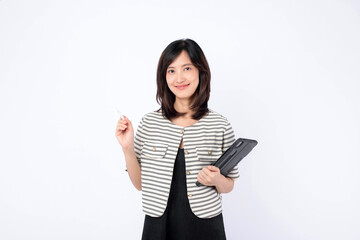 Asian woman is holding a tablet and a stylus against a white background.