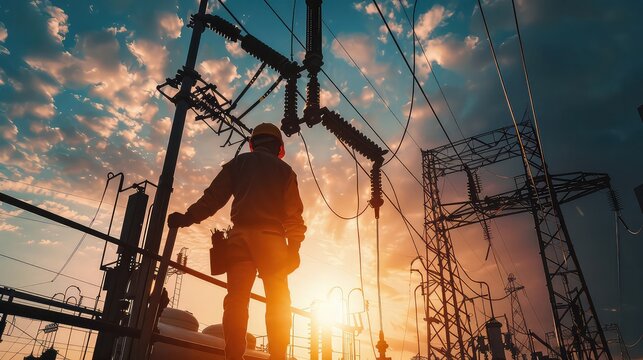 A dynamic shot capturing a substation power worker in action, performing routine maintenance tasks to ensure the reliability and efficiency of the electrical grid. 