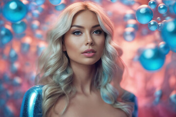 Fototapeta premium High Fashion model girl in colorful bright neon lights on colourful vivid background