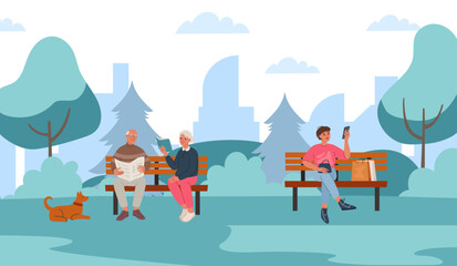 Leisure activities on park benches. Cartoon elderly people sitting in public park and reading newspaper or book