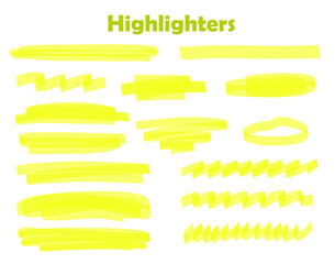 Yellow Vector highlighter graphic stylish element. Watercolor hand drawn highlight set. Yellow highlighter collection, brush lines, isolated in white background. Marker yellow set.