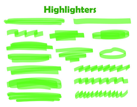 Green vector highlighter graphic stylish element. Watercolor hand drawn highlight set. Green highlighter collection, brush lines, isolated in white background. Marker green set.