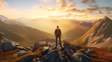 Hiking up mountain peak at sunrise success achieved generate ai