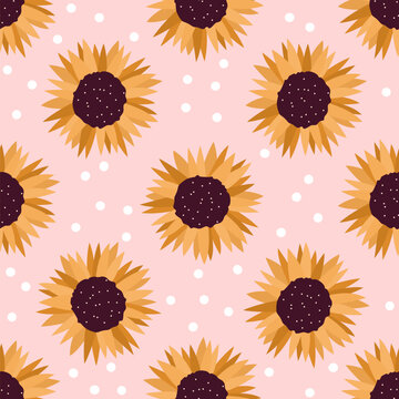 cute romantic seamless vector pattern illustration with yellow sunflowers and white dots on pastel pink background