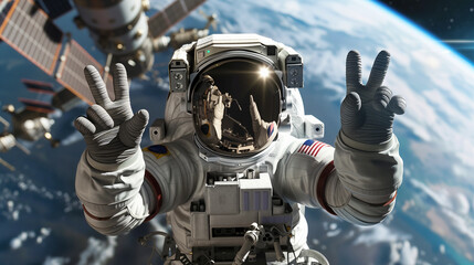 Astronaut holds up two fingers and floating in space and background is the earth and satellites