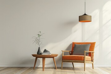 Interior of modern living room with wooden coffee table and orange armchair with gray cushion, empty wall. Pendant light. Home design. 3d rendering