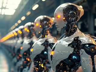  large warehouse of robots with red lights in the production process. The robotic army of the future. Artificial intelligence. Science fiction. An illustration in a technological style.