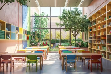Kindergarten Classroom With Tables, Multi Colored Chairs And Walled Garden