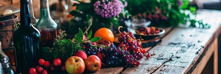 web banner for a restaurant bar. liqueurs in bottles, apples, oranges, grapes, plants, flowers on a wooden table