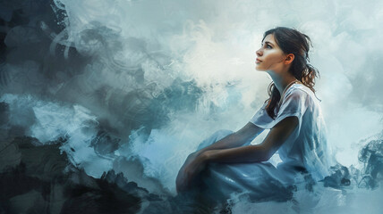 Surreal depressed woman suffered from mental illness,stressed,over thinking,anxiety,mental illness concept..