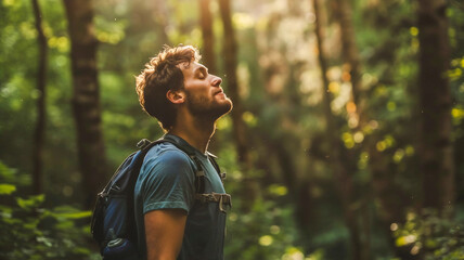 Obraz premium Strong man trekking on mountain , explore nature .