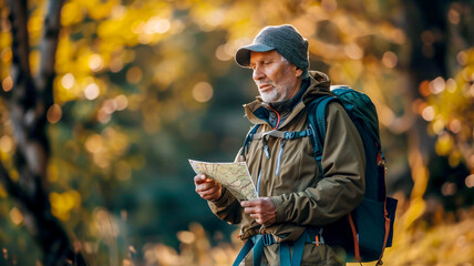 Strong man trekking on mountain , explore nature .