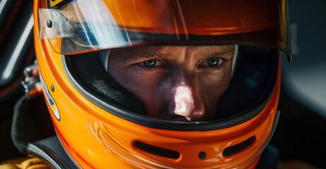 Close-up of a determined race car driver in an orange helmet, exuding focus and intensity before a high-speed motorsport race, with eyes conveying concentration and drive