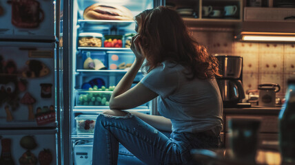 Depressed young woman sitting in front of refrigerator feeling guilty , worried about her shape ,Nutrition problems .