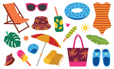 Summer cute elements set. Swimsuit, ice cream, palm leaves, beach umbrella, soda. Isolated vector illustration for posters, cards, background