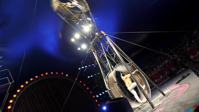 Brave acrobats perform tricks on the spinning wheel of death under the dome of the circus. A huge spinning wheel with acrobats inside, acrobats jumping and tumbling. A circus show.