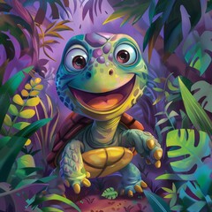Colorful Cartoon Turtle in Jungle Environment