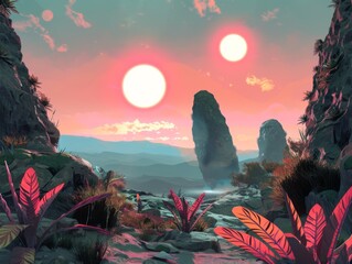 Surreal Twin Suns over Alien Landscape
