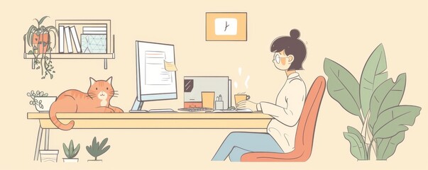 Freelancer Working from Home with Cat