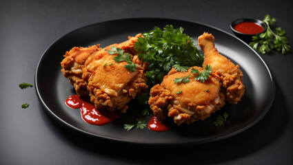 three pieces of fried chicken on a black plate with a small bowl of red sauce and a garnish of parsley.