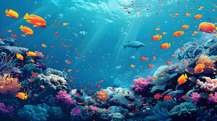 Naklejka na ściany i meble Vibrant Underwater Coral Reef Teeming with Diverse Marine Life