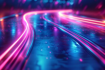 A neon blue and pink road with a bright light in the background