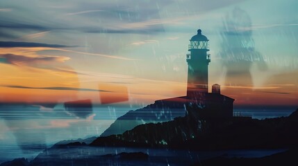Sunset Silhouette Lighthouse Double Exposure over Sea