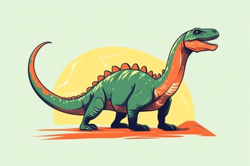 Fototapeta premium A colorful cartoon dinosaur stands on a rock outcropping. The dinosaur is green and orange with a long neck and a large mouth. It is standing in front of a yellow sun.