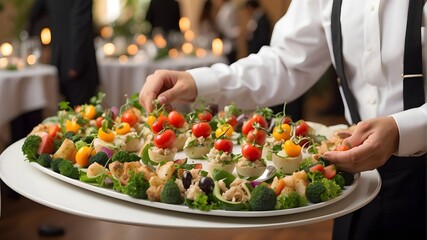A server bringing a platter of delectable vegetarian fare during a celebration, party, or wedding reception