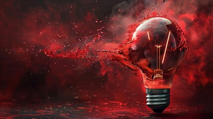 Creative digital illustration of a light bulb disintegrating with intense red and black paint splashes, evoking emotions and passionate ideas