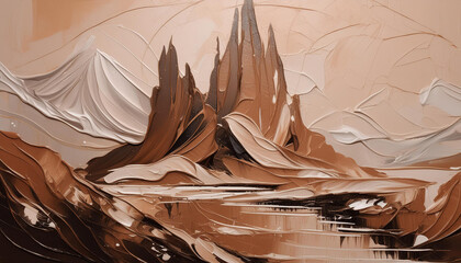 Abstract mountains, beige color acrylic painting on canvas. Natural landscape. Oil painting.